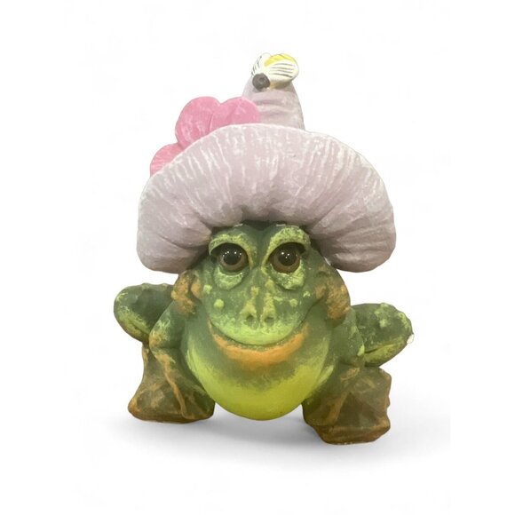 Vintage 90s Pete Apsit Frog Toad Figurine Large Eyes Spring Hat Bee See Pics - Picture 1 of 8